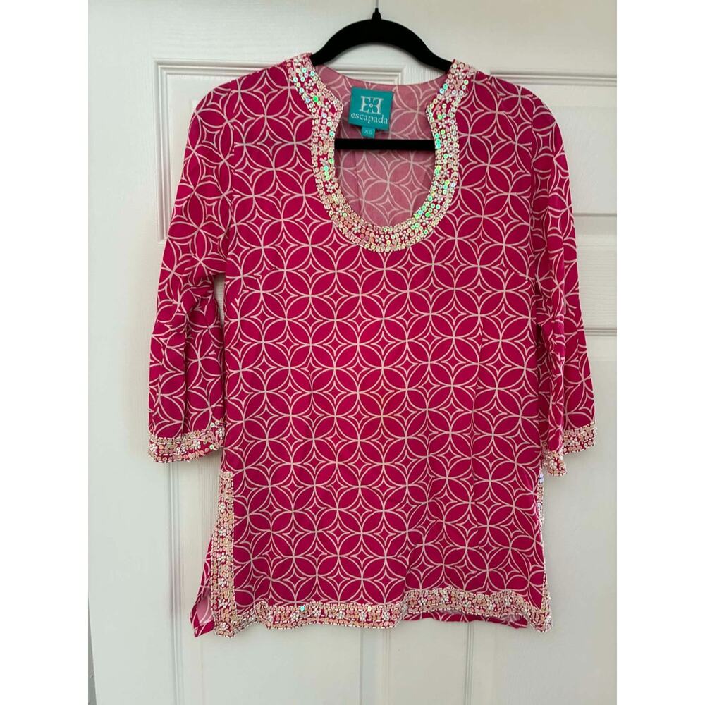 Escapada Womens‎ XS Pink Beaded Tunic Top Geometric 3/4 Sleeve Resort Boho